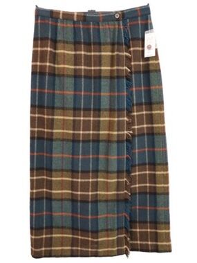 Plaid Wool Midi Skirt in Teal, Brown & Olive